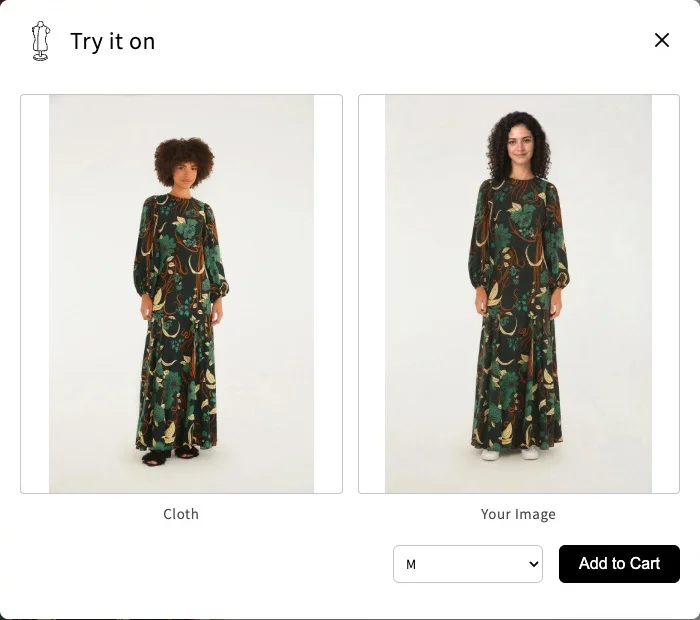Wearbly dialog with a completed floral-dress preview, size selector and Add to Cart button