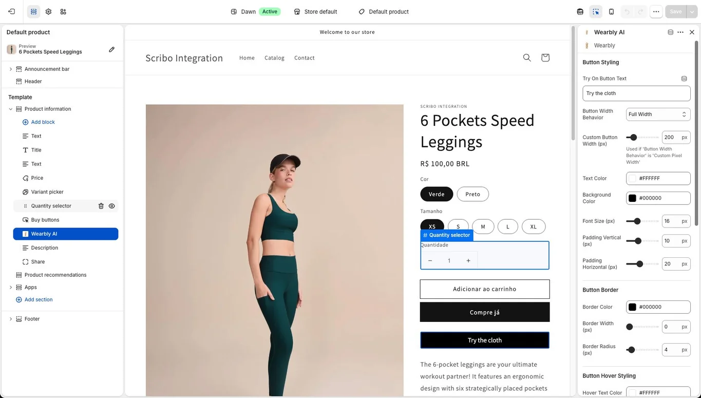 Shopify Dawn theme editor with the Wearbly AI app block below Buy buttons and its button styling settings open