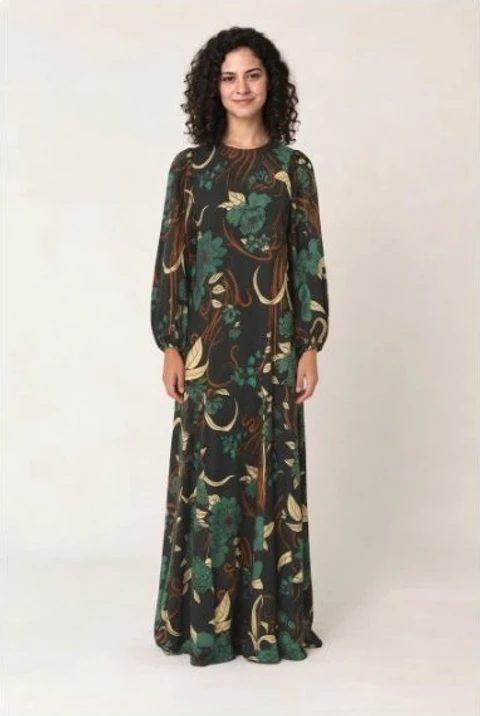 The same AI sample model wearing a floral dress in a real Wearbly Try-On result