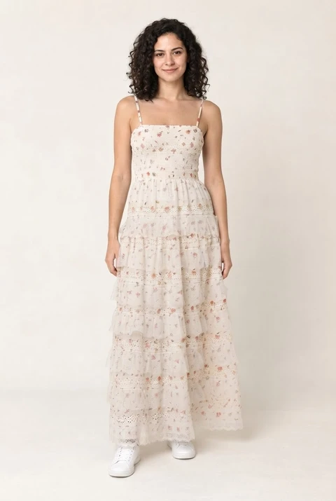 The same AI sample model wearing a lace dress in a real Wearbly Try-On result