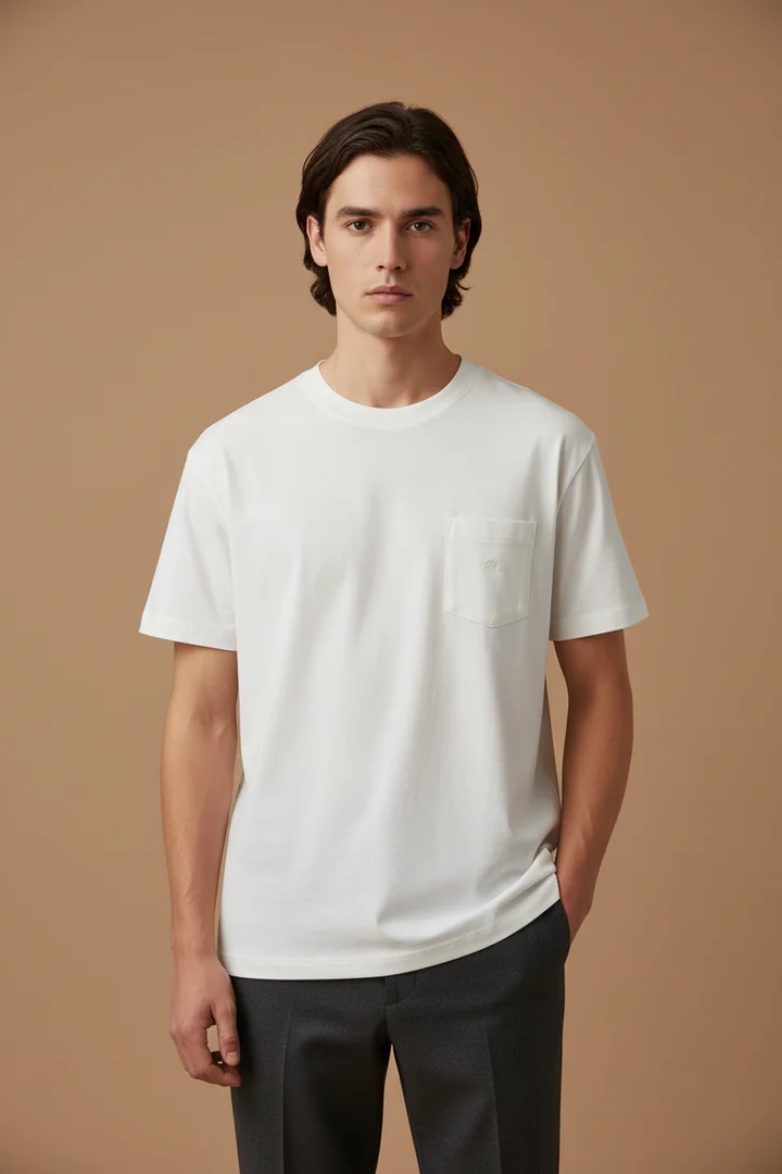 AI male model wearing the same white pocket T-shirt in a real Wearbly generation