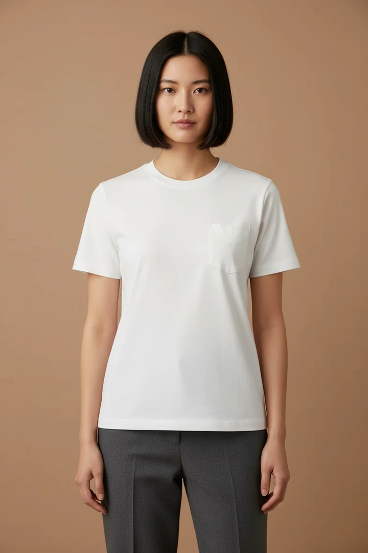 AI female model wearing the same white pocket T-shirt in a second real Wearbly generation