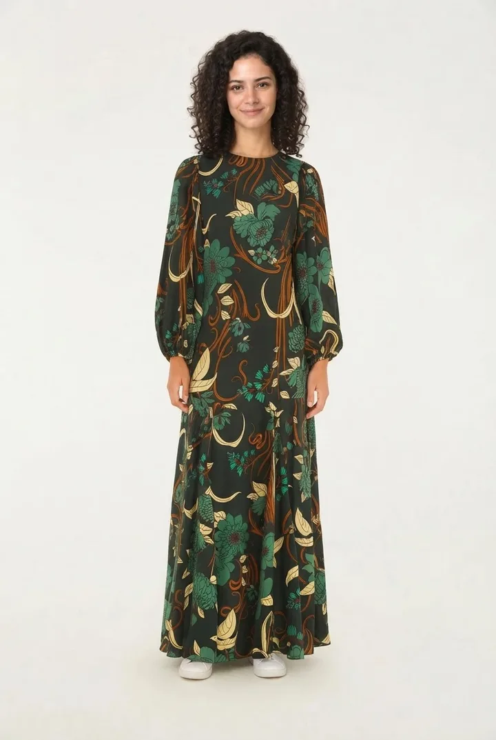 The same shopper wearing the floral dress in a real Wearbly try-on result